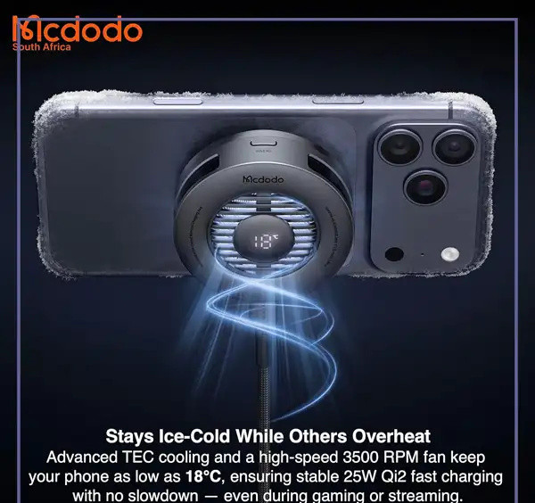 فن خنک کننده و شارژر وایرلس 25 واتی مکدودو MCDODO Wireless Charger Fast Charging Qi2 CH-8410 (E)