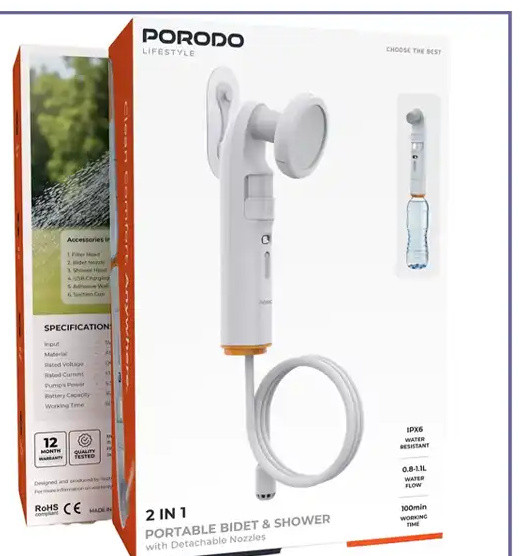 جارو خودشور و دوش سفری پرودو Porodo 2in1 Portable Bidet & Shower PDLFSTPB55WH (E)