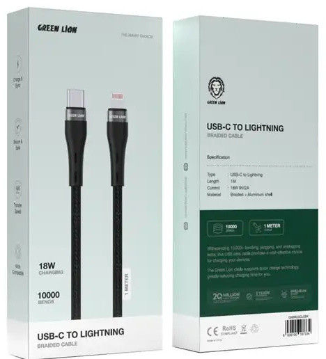 کابل شارژ تایپ سی به لایتنینگ 1 متر گرین لاین Green Lion Braided Cable GNBRUSCLGBK (E)