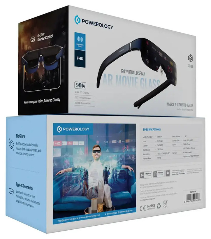 عینک 3 بعدی هوشمند پاورولوژی Powerology 2/3D Ultra AR Movie Glass 1080P 120″ PSM014 (E)