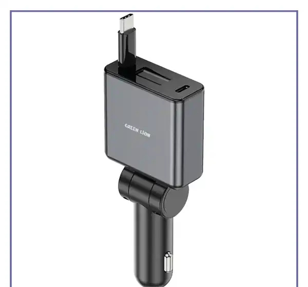 شارژر فندکی 75 وات با کابل جمع شونده گرین لاین Green Lion Retractable Car Charger GNRT75WCCGY (E)