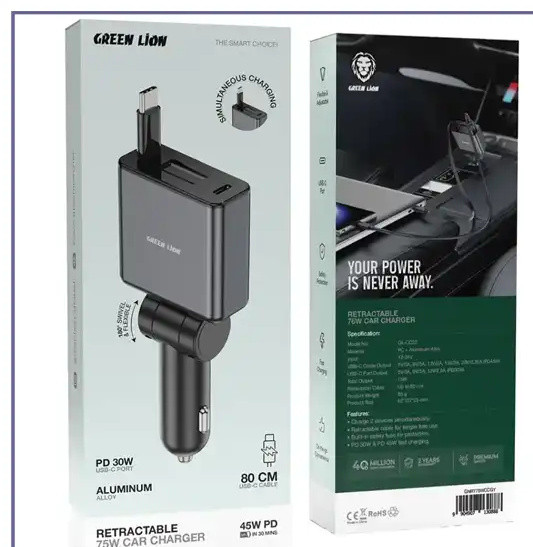 شارژر فندکی 75 وات با کابل جمع شونده گرین لاین Green Lion Retractable Car Charger GNRT75WCCGY (E)