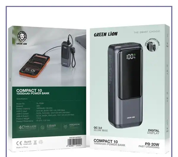 پاوربانک 22.5 وات 10000 گرین لاین Green Lion Compact 10 Power Bank GNCOP10KPBGY (E)