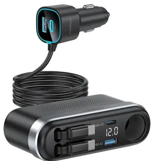 شارژر فندکی 60 وات با کابل جمع شونده پاورولوژی Powerology Currnex Car Charger PCCSR19BK (E)