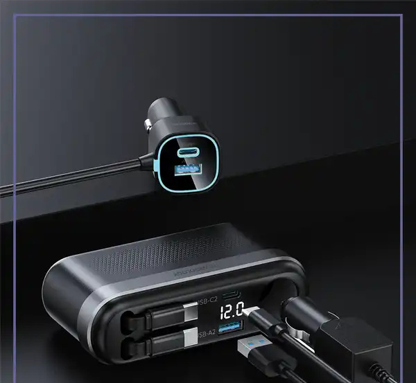شارژر فندکی 60 وات با کابل جمع شونده پاورولوژی Powerology Currnex Car Charger PCCSR19BK (E)