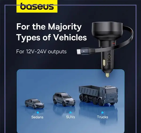 شارژ فندکی 60 وات با کابل جمع شونده بیسوس Baseus Enjoyment Pro Car Charger C0203100 (E)