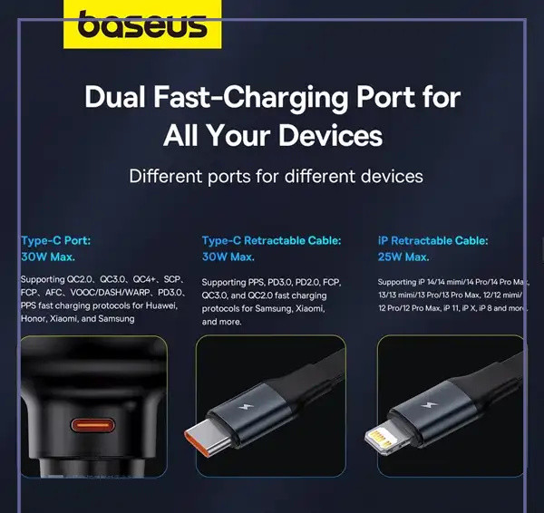 شارژ فندکی 60 وات با کابل جمع شونده بیسوس Baseus Enjoyment Pro Car Charger C0203100 (E)