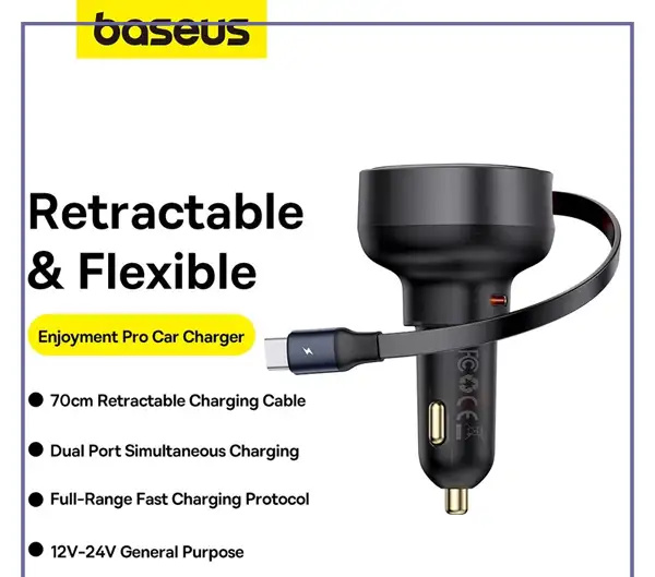 شارژ فندکی 60 وات با کابل جمع شونده بیسوس Baseus Enjoyment Pro Car Charger C0203100 (E)