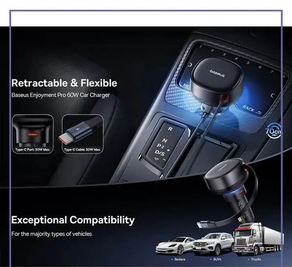 شارژ فندکی 60 وات با کابل جمع شونده بیسوس Baseus Enjoyment Pro Car Charger C0203100 (E)