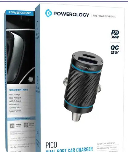 شارژر فندکی 36 وات دو پورت پاورلوژی Powerology Pico Dual-Port Car Charger PCCSR023BK (E)