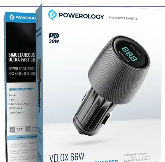 شارژر فندکی 66 وات دو پورت پاورولوژی Powerology VeloxCar Charger PCCSR021BK (E)