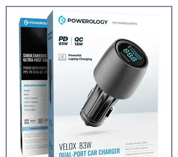 شارژر فندکی 2 پورت 83 وات با کابل همراه پاورولوژی Powerology Velox 83W Dual-Port Car Charger PCCSR020C (E)