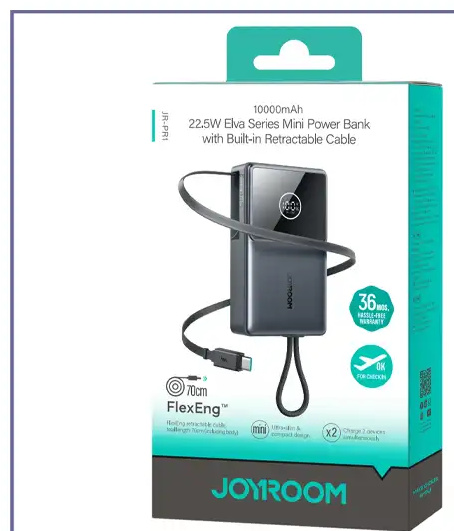 پاوربانک 10000 با کابل جمع شونده 22.5 وات جویروم JOYROOM JR-PR1 Retractable Power Bank (E)