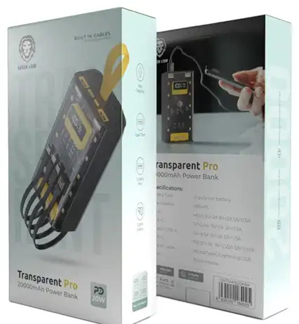 پاور بانک 20000 با کابل گرین لاین Green Lion Transparent Pro Power Bank GNTRAPB20KBK (E)