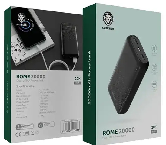 پاور بانک 20000 گرین لاین Green Lion Rome Ultra Slim Power Bank GNROME20KPBBK (E)