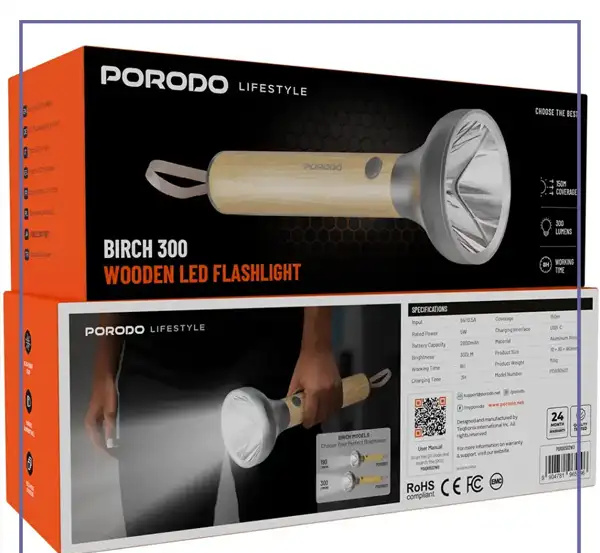 چراغ قوه شارژی چوبی پرودو Porodo Birch 300 Wooden LED Flashlight PDA90502WD (E)