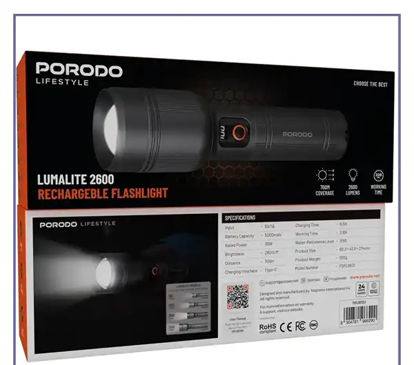 چراغ قوه 2600 لومن شارژی پرودو Porodo Lumalite Flashlight PDFL9972GY (E)