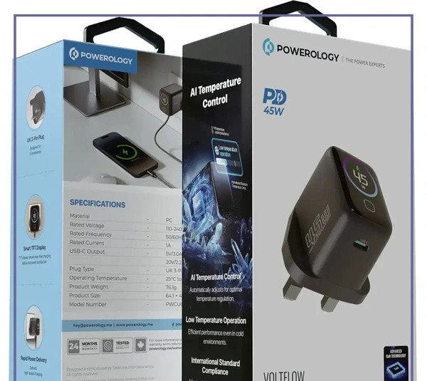 آداپتور شارژ 45 وات پاورولوژی با کابل دور سر تایپ سی Powerology VoltFLow 45W Type-C Adaptor PWCUQC069 (E)