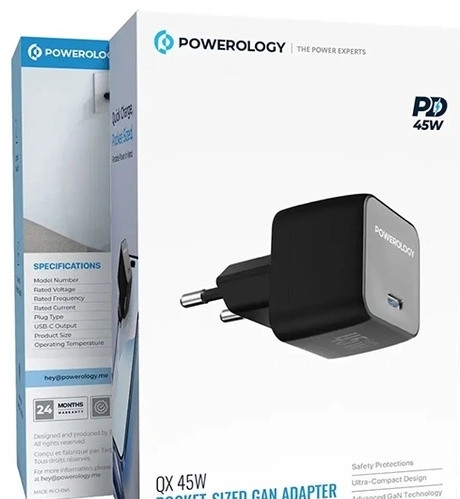 آداپتور شارژ 45W پاورولوژی با کابل تایپ سی Powerology QX 45W GaN Adapter PWCUQC056 (E)