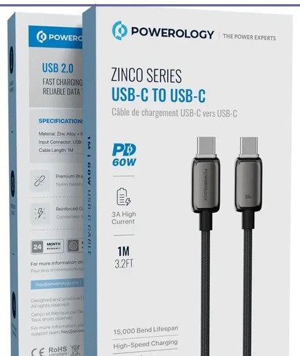 کابل شارژ 60W دوسر تایپ سی پاورولوژی Powerology USB-C To USB-C Charging Cable PWDC60D (E)