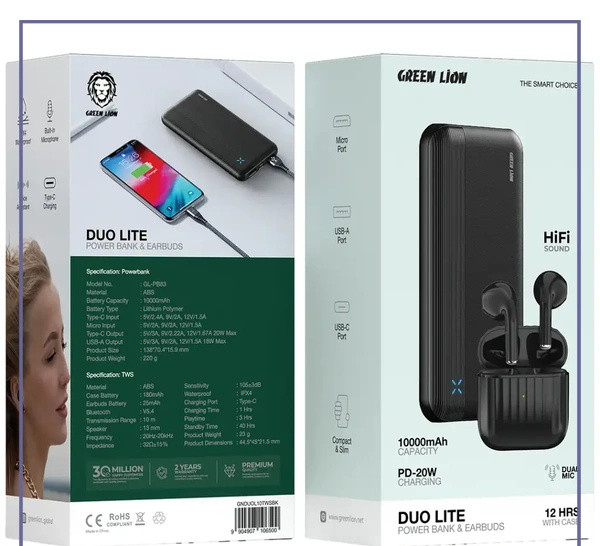 پاوربانک و ایرپاد گرین لاین Green Lion Power Bank and Earbud GNDUOL10TWS (E)