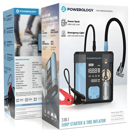 جامپ استارت و پمپ باد پاورولوژی Powerology 3-In-1 Jump Starter & Tire Inflator PPBCHA96BKBU (E)
