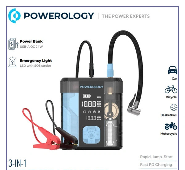 جامپ استارت و پمپ باد پاورولوژی Powerology 3-In-1 Jump Starter & Tire Inflator PPBCHA96BKBU (E)