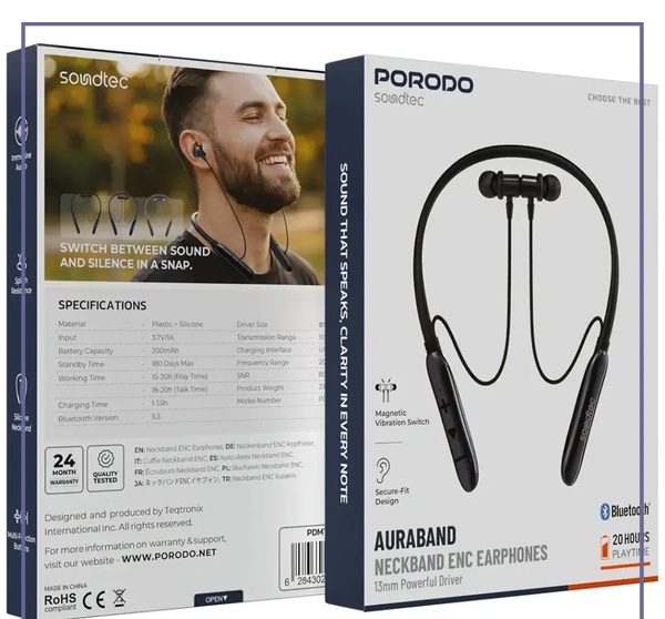هندزفری بلوتوثی گردنی پرودو Porodo Soundtec Neckband PDMT30BK (E)