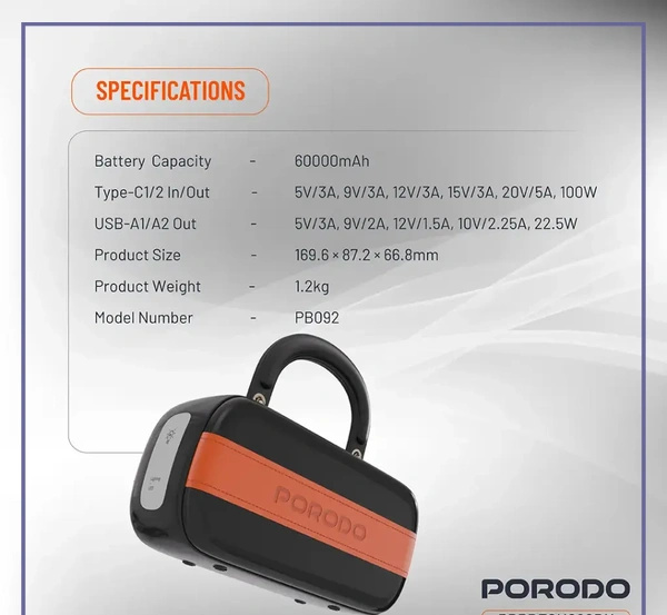 پاوربانک 100وات 60000 پرودو Porodo Sway power bank PDPBFCH092BK (E)