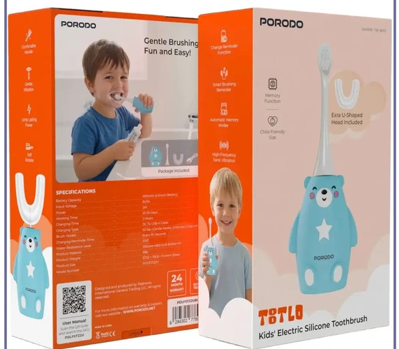 مسواک برقی سیلیکونی مخصوص کودکان پرودو PORODO 2 IN 1 TOOTH BRUSH PDLFSTZ2UBU (E)