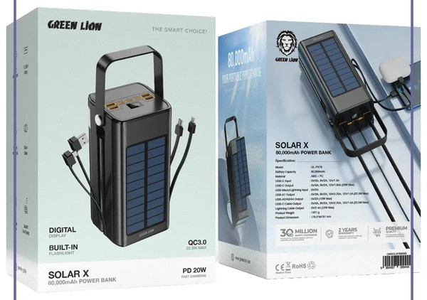 پاوربانک خورشیدی گرین لاین GREEN LION SOLAR X 80000MAH POWER BANK GNSOLXPB80BK (E)