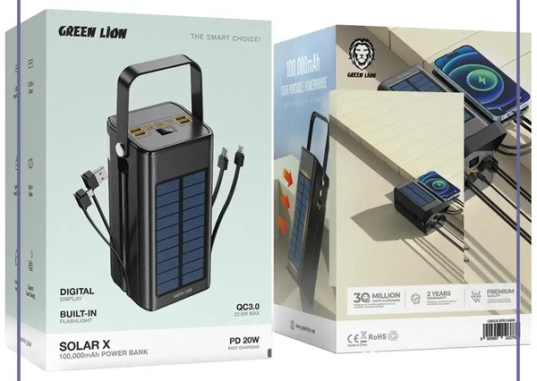 پاوربانک خورشیدی گرین لاین GREEN LION SOLAR X 100000MAH POWER BANK GNSOLXPB100BK (E)