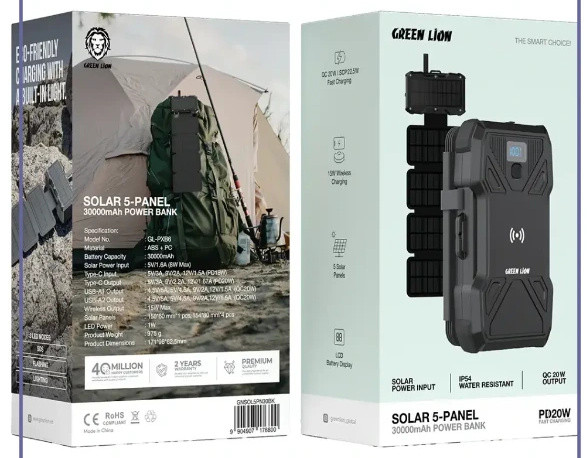 پاور بانک خورشیدی 20 وات 30000 گرین لاین Green Lion Solar 5-Panel Power Bank GNSOL5PN30BK (E)