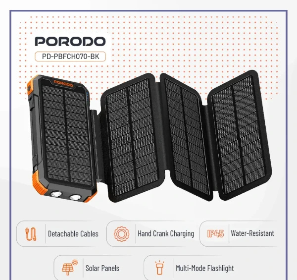 پاوربانک خورشیدی 20 وات 20000 پرودو Porodo Power Bank 4-Panel Solar PDPBFCH070BK (E)