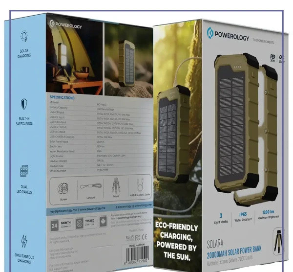 پاوربانک خورشیدی 20وات 20000 پاورولوژی Powerology Solara Power Bank PPBCHA99KH (E)