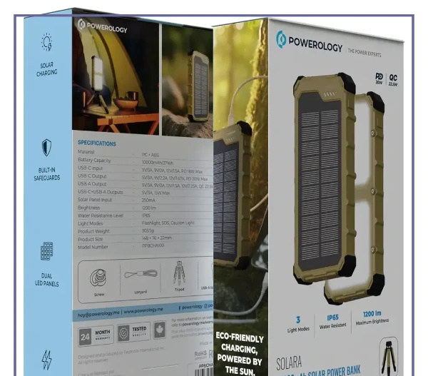 پاوربانک خورشیدی 20 وات 10000 پاورولوژی POWEROLOGY SOLARA POWER BANK PPBCHA100KH (E)