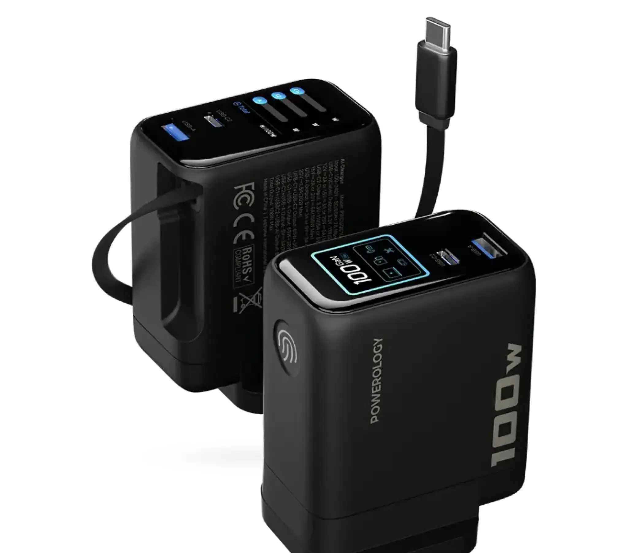 آداپتور پاورولوژی Powerology 100W Al TFT Adapter Retractable Type-C Cable (G)