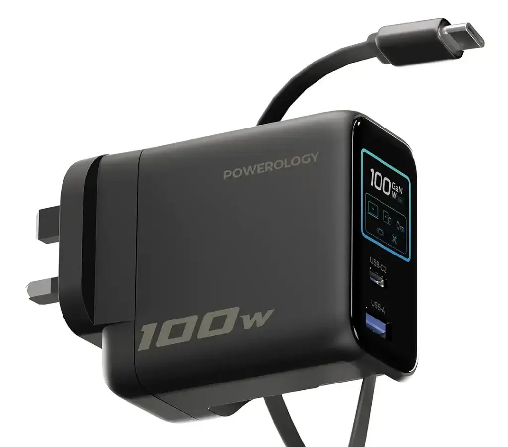 آداپتور پاورولوژی Powerology 100W Al TFT Adapter Retractable Type-C Cable (G)