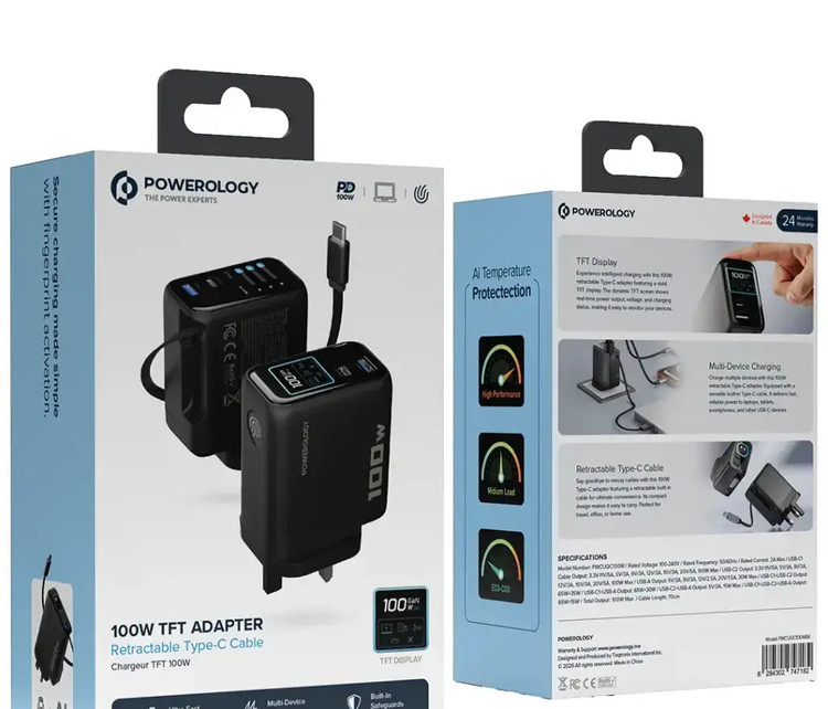 آداپتور پاورولوژی Powerology 100W Al TFT Adapter Retractable Type-C Cable (G)