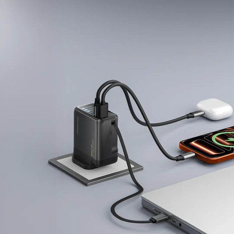 آداپتور پاورولوژی Powerology 100W Al TFT Adapter Retractable Type-C Cable (G)