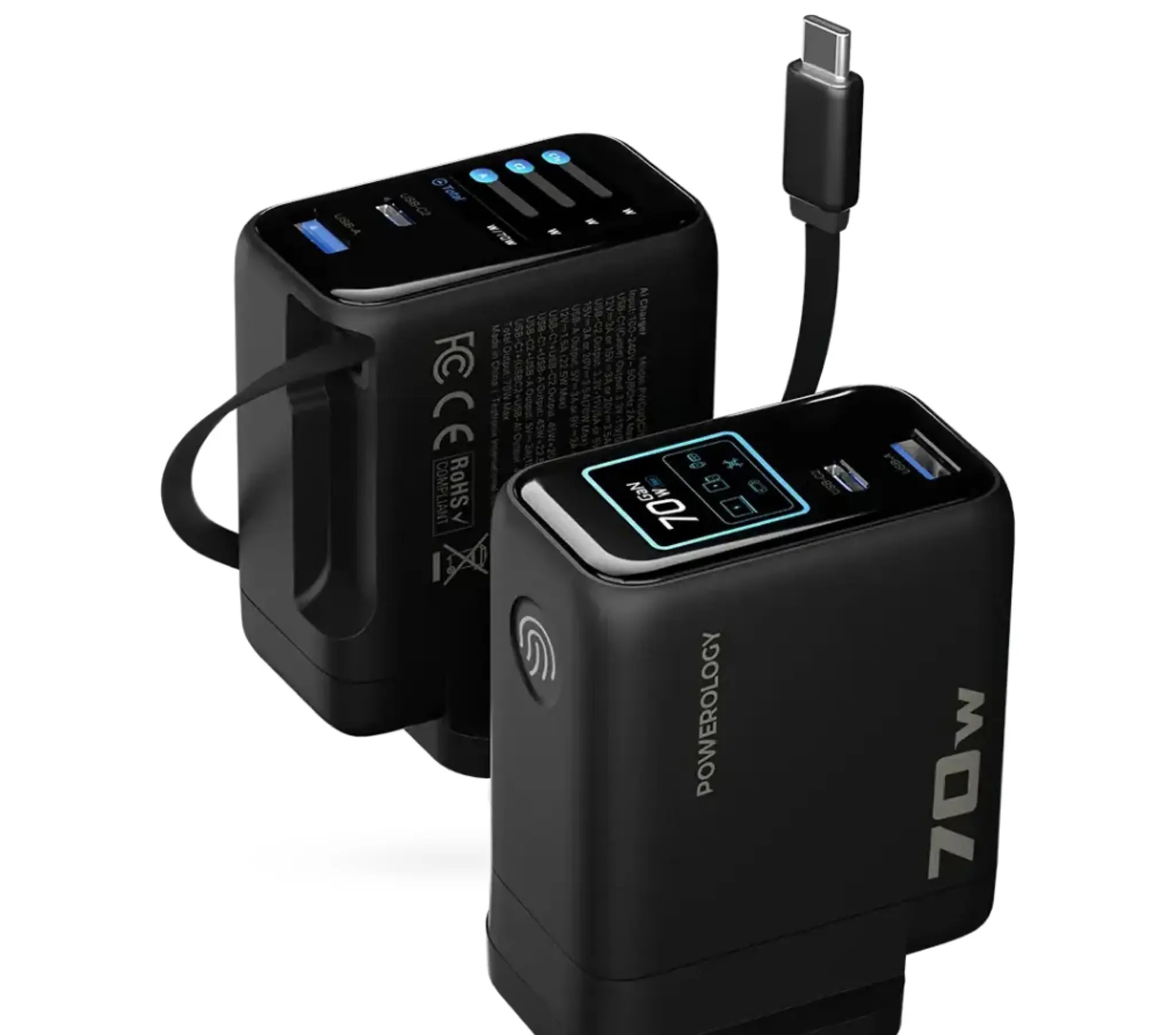 آداپتور پاورولوژی Powerology 70W Al TFT Adapter Retractable Type-C Cable (G)