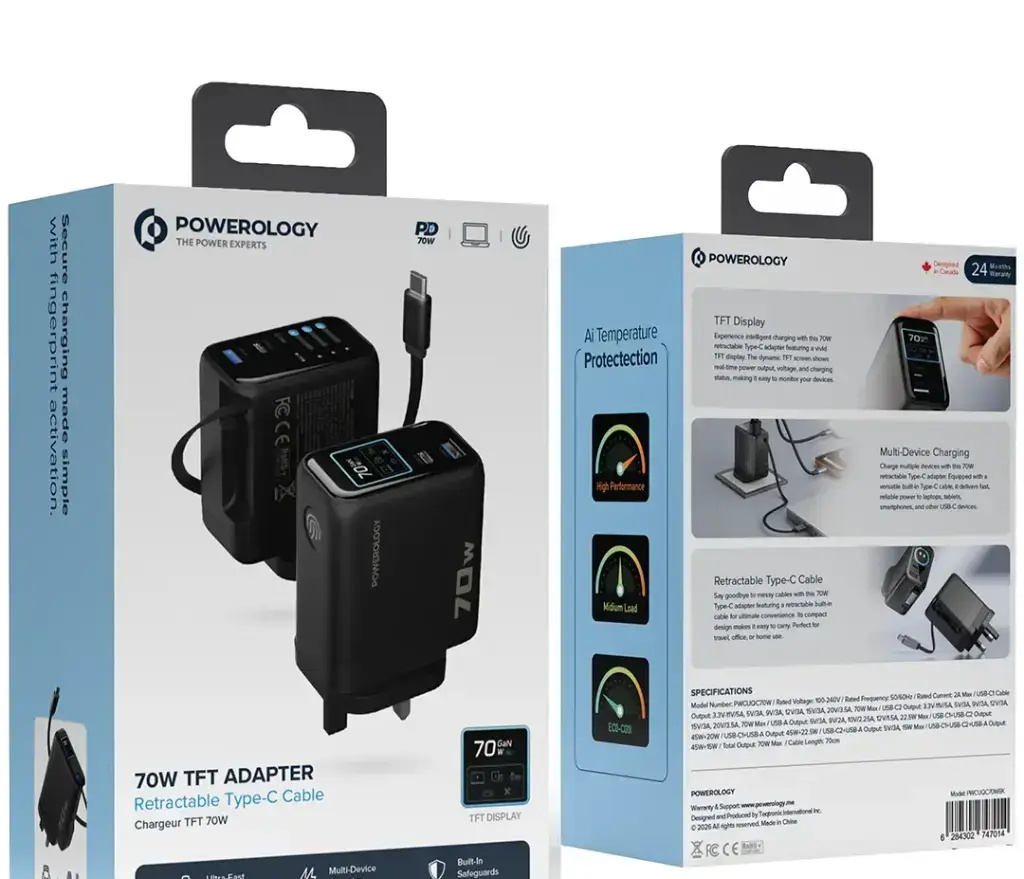آداپتور پاورولوژی Powerology 70W Al TFT Adapter Retractable Type-C Cable (G)