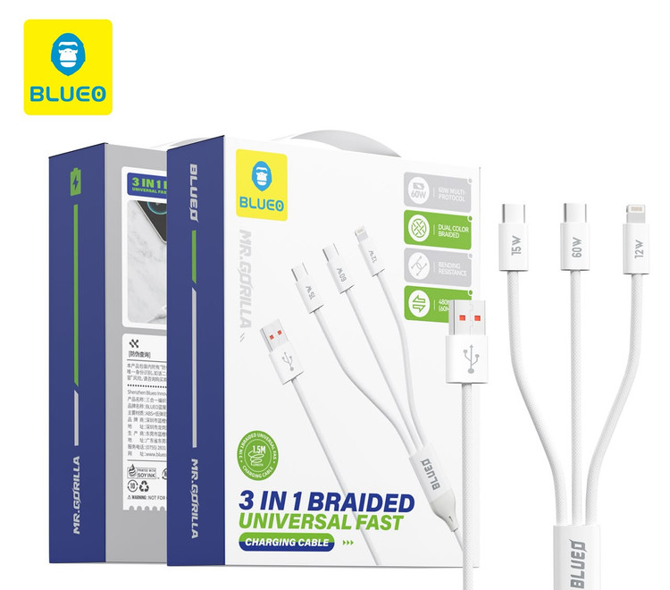 کابل شارژ بلو Blueo 3 IN 1 Braided Universal Fast Charging Cable (G)